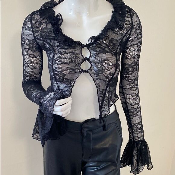 Dolls Kill Brand Black Sheer Lace Ruffle Top w Open Button Details Bell Sleeves - Picture 1 of 6